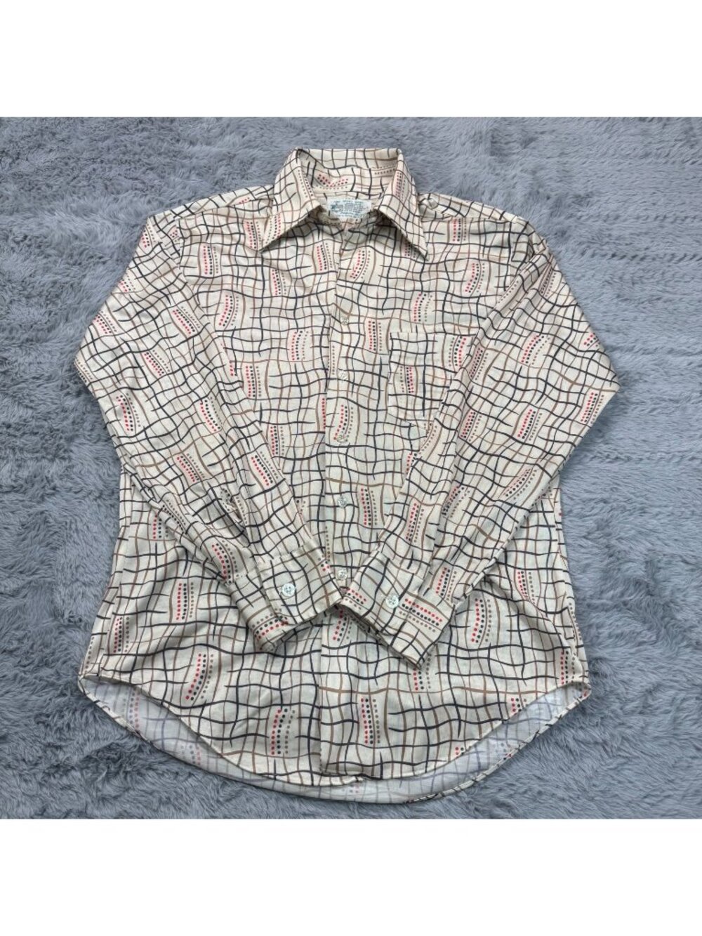 VTG Kmart Button-Up Shirt Women Size 10 Beige Geometric Polyester Retro Travel